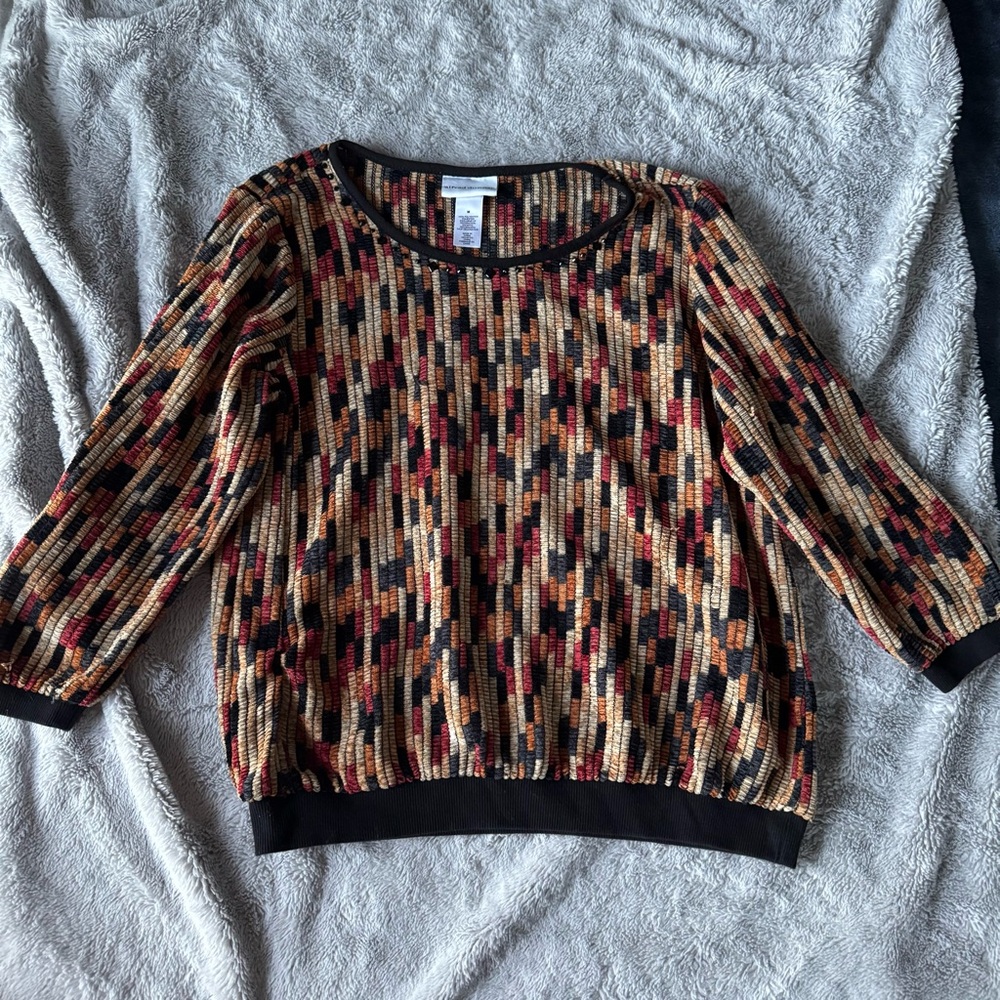 Alfred Dunner‎ Womens Medium 3/4 Sleeve Beaded Neck Textured Knit Blouse Top